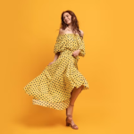a girl dazzling in yellow dress pose
