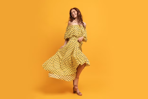 a girl dazzling in yellow dress pose